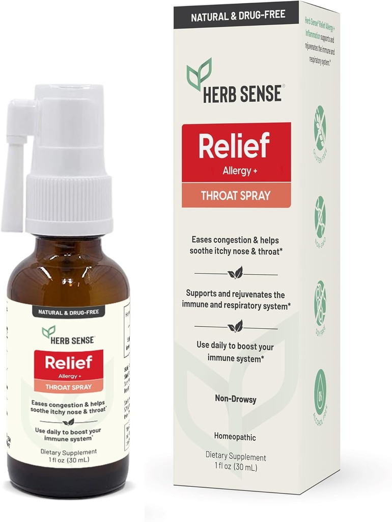 Herb Sense Allergy Relief, Spray Gardłowy, Chłodzenie i Soothing, Daily Support, Bez narkotyków, Natural, Wsparcie immunologiczne, 1 oz, Gluten- Free, Non-GMO