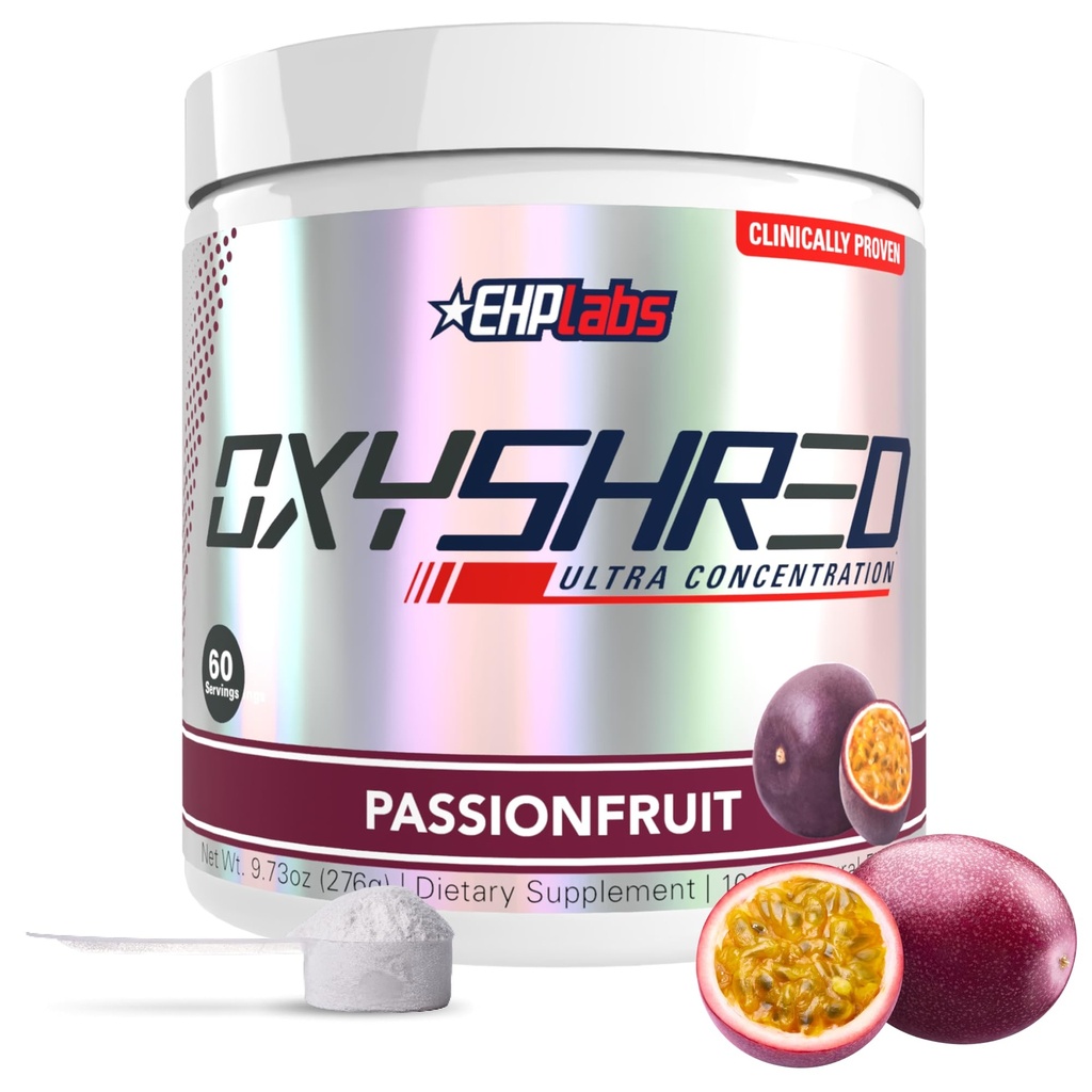EHP Labs OxyShred przed treningiem proszku i rozdrabniania Suplement - Proszek do treningu wstępnego z L Glutamina i Acetyl L Karnityna, Energy Boost Drink - Passionfruit, 60 Słupki