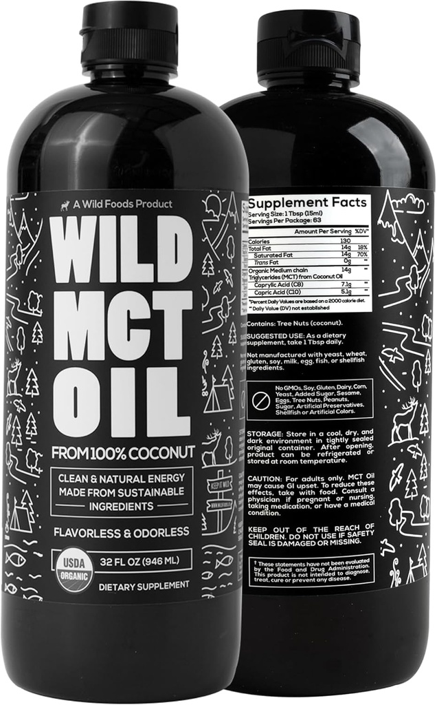 Wild MCT Oil Organic Coconut - 32 fl oz - from 100% Natural Coconut - Flavorless & Odorless C10 / C8 MCT Oil for Energy & Cognitive Support - Keto- Friendly - Perfect for Coffee, Shakes & Przepisy