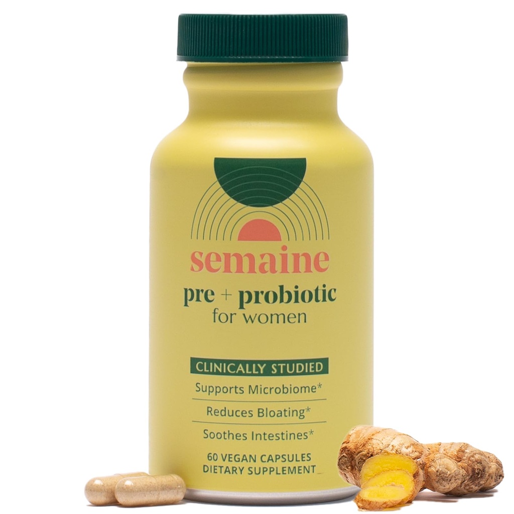 Semaine Super Powered Prebiotic + Probiotyk dla kobiet, Efektywna formuła 3- in-1 Multi- Action to Nourish Gut Health, Soothe IBS, Wsparcie Bloat Relief & Immunity Boost, Klinically Studied (60 ct)