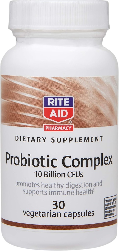 Rite Aid Dietary Supplement Probiotic Complex, 10 Billion CFU - 30 Kapsułki wegetariańskie 124; Digestive Health Supplement 124; Gut Health Supplement Probiotic Supplement