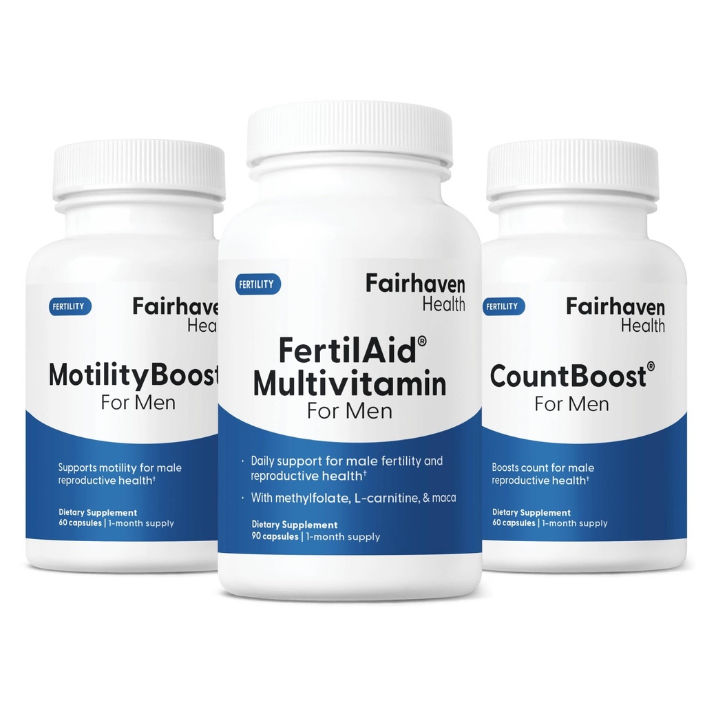 Fairhaven Health FertilAid dla mężczyzn, MotilityBoost, i Countboost Combo 124; Suplementy płodności dla mężczyzn 124; Mężczyzna Suplement płodności z poczęciem dla niego Witamina prenatalna