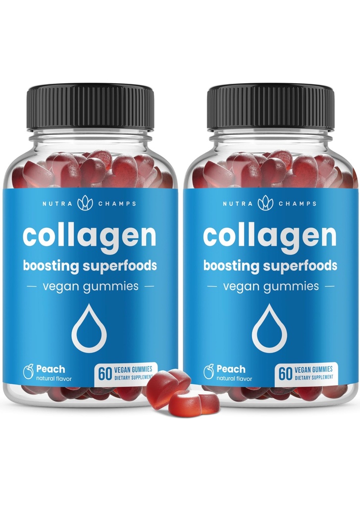 Kolagen NutraChamps Boosting Gummies, Kolagen Booster Gummy do naturalnej produkcji Kolagena, Vegan Pectin Supplements Chews for Women & Men, 60 Peach Gummies (Opakowanie po 2)