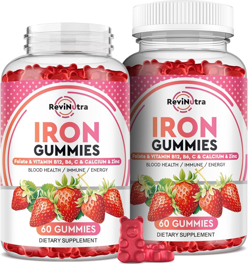 Żelazne żeberka - z wapniem, cynkiem, folianem i witaminą B12, C, B6 dla dorosłych i dzieci - Blood Builder & Energy Support for Iron Deficiency, Anemia, Wegan - 2 Pack Strawberry Flavour, 60 Gummies