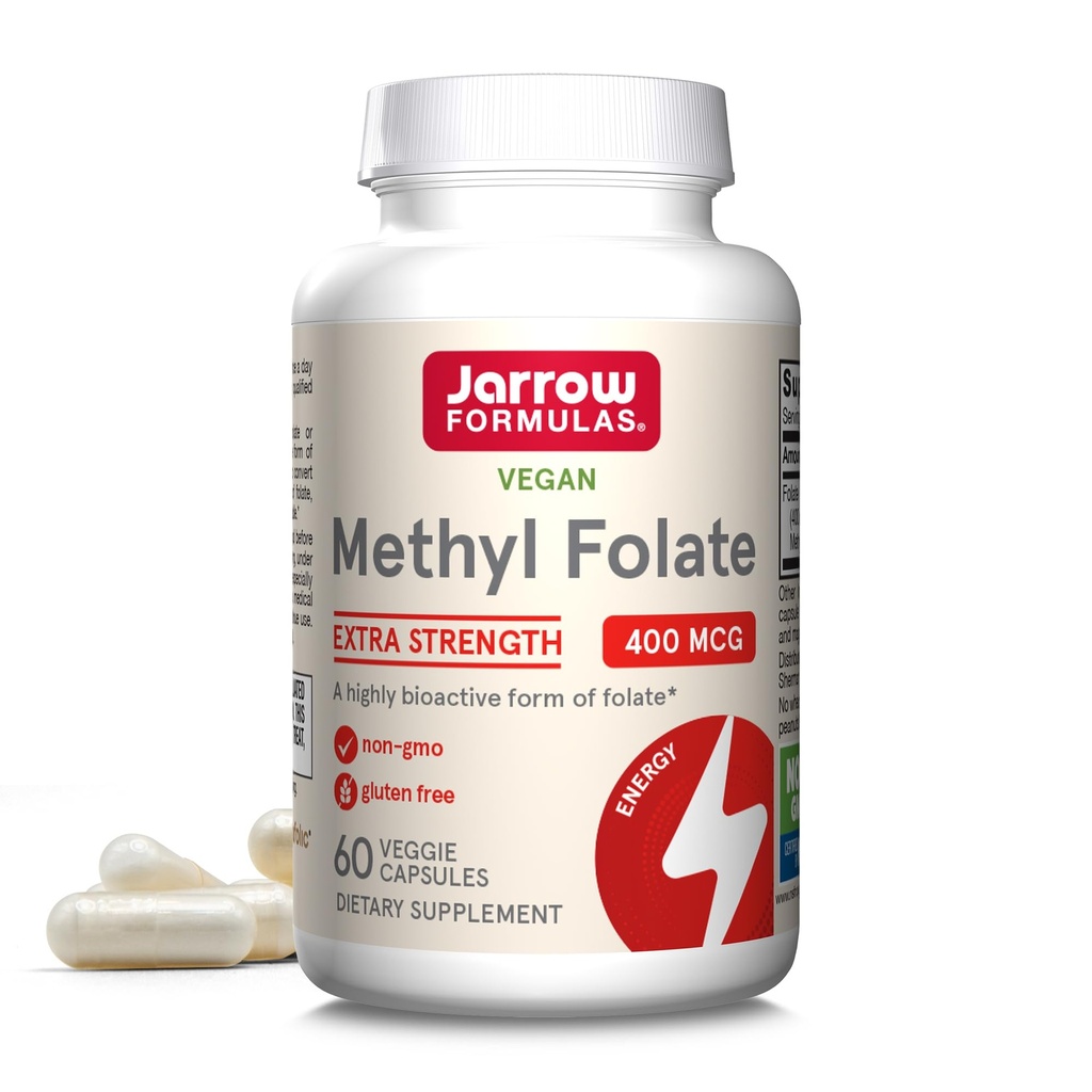 Jarrow Fixas Extra Siła Metyl Folate 400 µg, Suplement diety dla układu sercowo-naczyniowego i neurologicznego wsparcia zdrowia, 60 Kapsułki wegetariańskie, 60 Day Supply