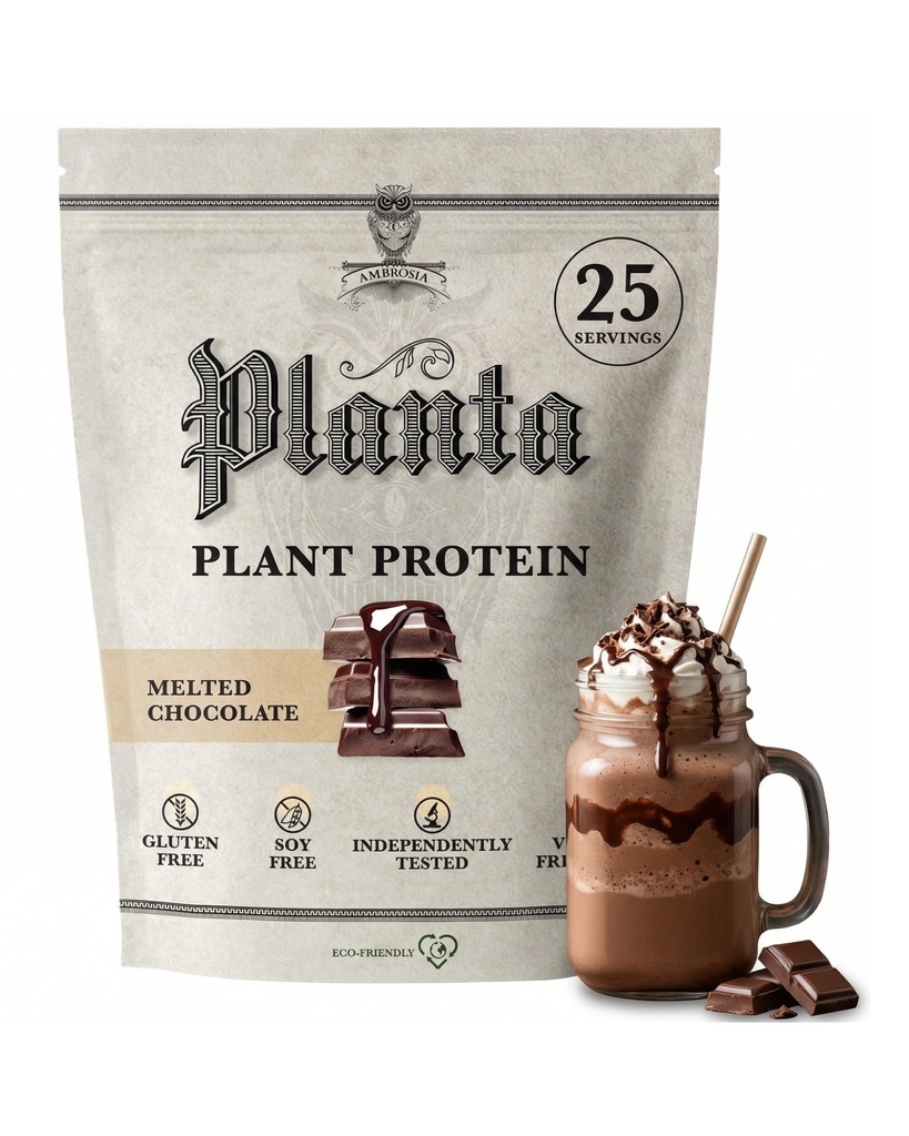 Ambrosia Planta - Premium Plant- Protein based 124; Vegan & Keto Friendly & 124; Smakosze bez kwitnienia lub stomach Usset 124; Gluten & Soy Wolny 124; Nie dodawany cukier 124; 25 Słupki 124; Roztopiona czekolada