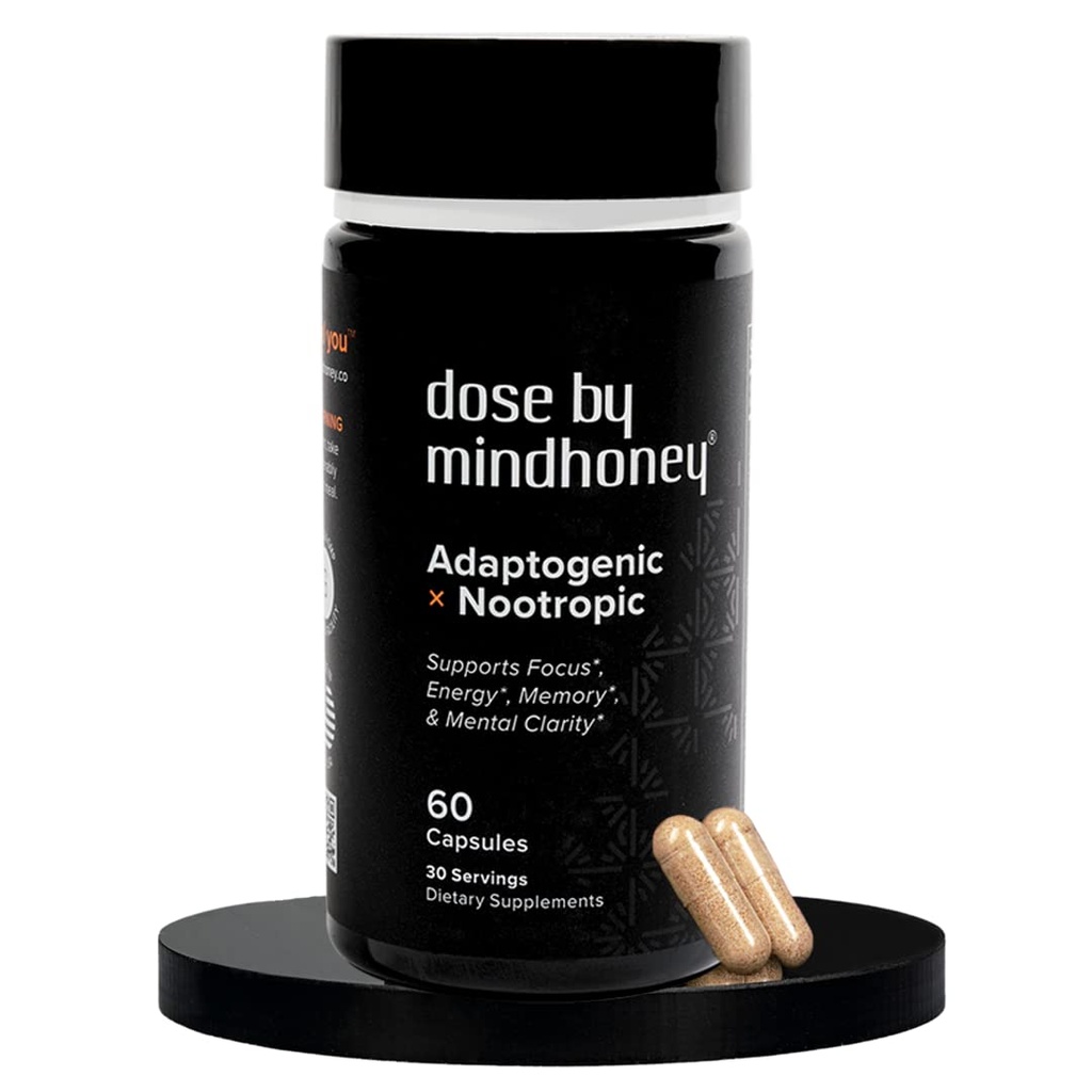 MINDHONEY 124; DOSE 60 Count, Premium All- in- One Nootropic Brain Supplement Adresat 124; Focus, Mood, Energy, & Memory Adresy 124; Functional Mushrooms & Adaptogens - Lion 's Mane, Ashwagandha, L- Theanine, Bacopa, & Vitamins