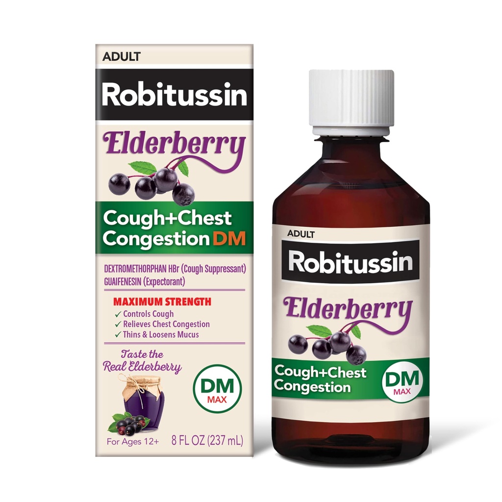 Robitussin Maksymalna moc Elderberry Cough Plus Chest Congestion DM, Cough Suppressant dla dorosłych, Zapewniając płynną Kaszel i Chest Congestion Relief - 8 Fl Oz