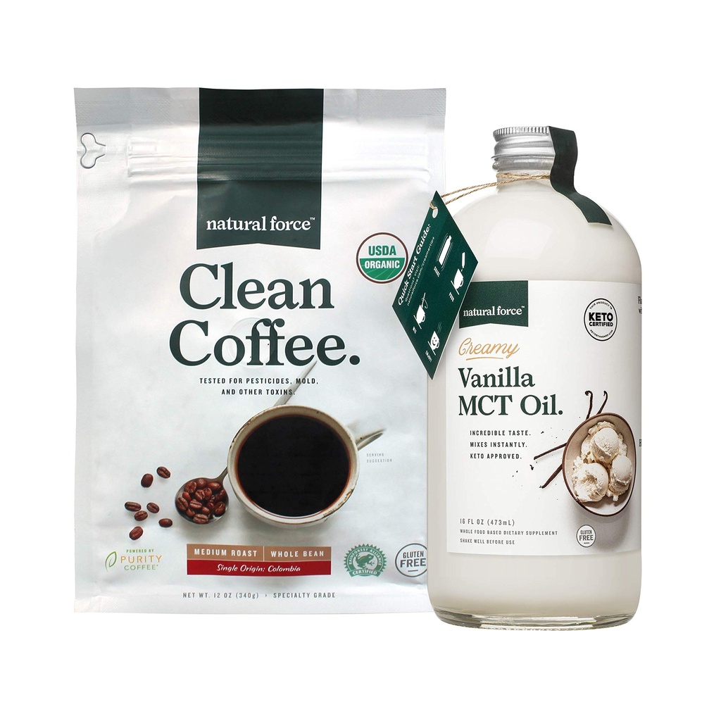 Natural Force Organic Clean Coffee + Creamy Vanilla MCT Oil Bundle - Aflavored MCT Creamer & Mold & Mycotoxin Free Coffee - Non-GMO, Keto, Paleo i Vegan - 12 Oz Bag i 16 Oz Butelka szklana