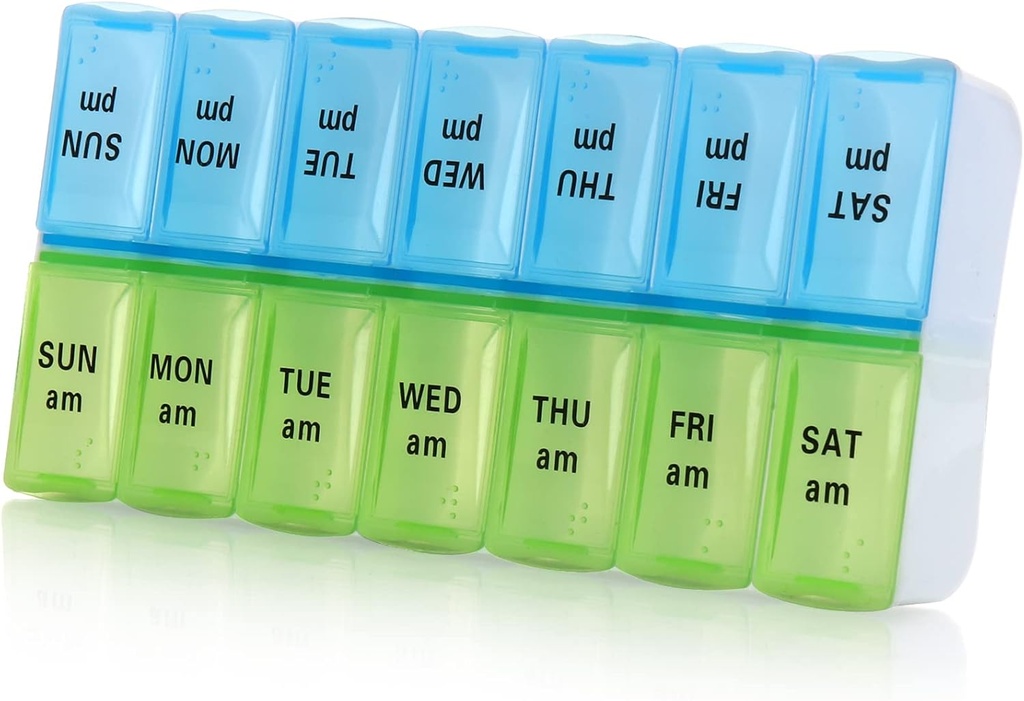 7 Day Cotygodniowy Pill Organizator Dużych Codziennych Pill Organizer 2 razy dziennie, AM PM Pill Case, Day Night Pill Container 7 Day 14 Komory dla Pill Vitamine Medication (Niebieski + zielony)