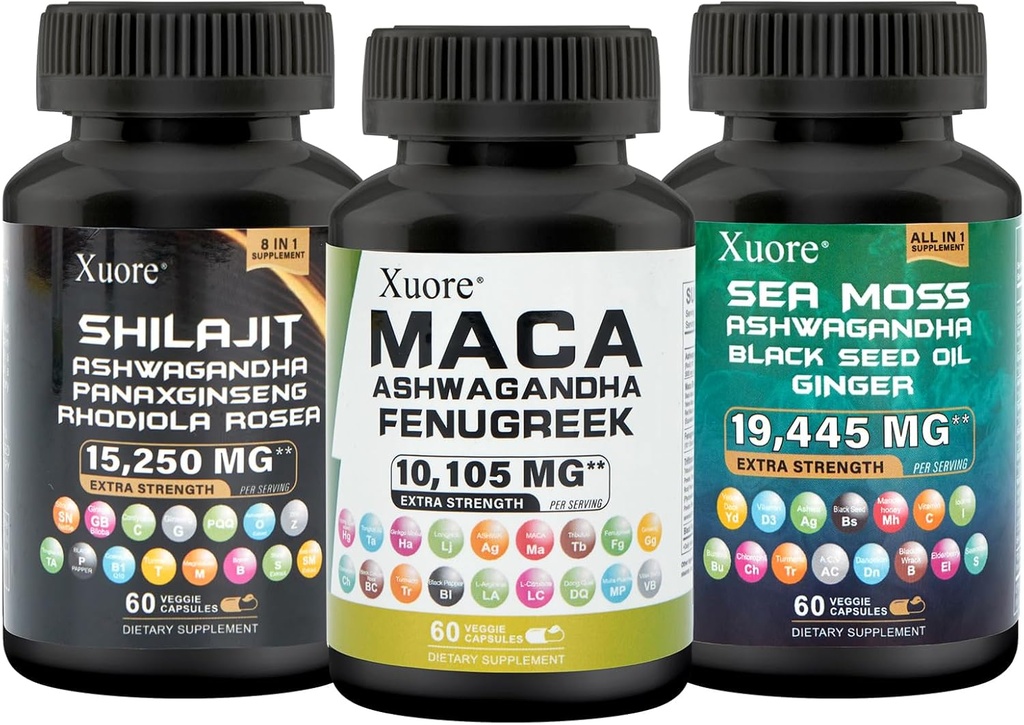 Paczka Morskiego Mossa, Shilajit, Maca, Black Seed Oil, Ashwagandha, Ginger, Shilajit, Rhodiola Rosea, Panax Ginseng, Maca Root, Fenugreek, Trifibranol100X, Wszystkie w 1 Suplement (1 Opakowanie)