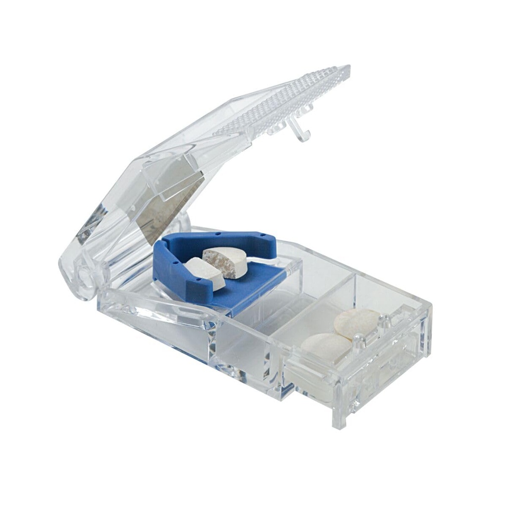 EZY DOSE Pill Cutter i Splitter z blokadą, Cuts Pills, Witaminy, Tablety, Ostrze ze stali nierdzewnej, Travel Sized, Bezpiecznie Cut Pills i Witaminy, Łatwy w użyciu, Niebieski, BPA Free