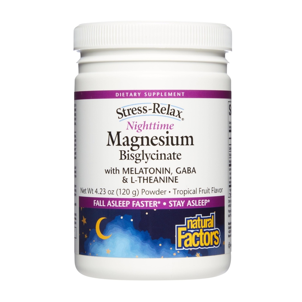 Naturalne czynniki Stress- Relax Nighttime Magnezu Bisglicinate - Wsparcie snu i relaksacji * - z Melatonin, L- Theanine & GABA - Tropical Flavor - 4.23 oz