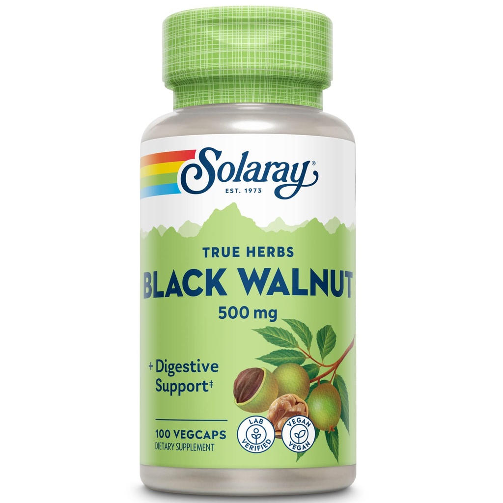 SOLARAY Black Walnut 500 mg - Whole Hull - Traditional Herbal Support Formula - Nie-GMO Zweryfikowane, Wegan, Laboratorium Zweryfikowane - 60- Day Guarantee - 100 Służenia, 100 VegCaps