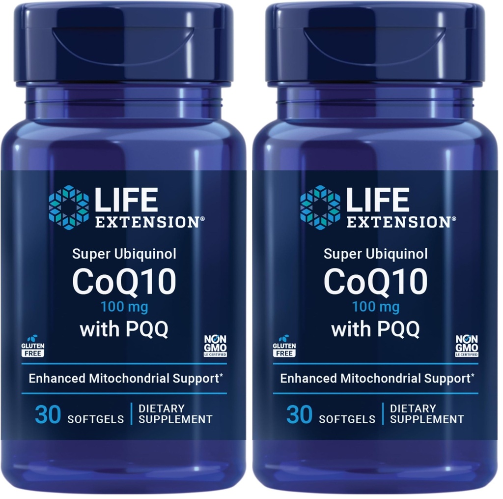 Life Extension Super Ubichinol CoQ10 z PQQ, CoQ10, PQQ, shilajit, Heart Health, Cellular Energy Support, 8X Lepsza absorpcja, Gluten- Free, 100 mg, 30 softgeli (Opakowanie po 2)
