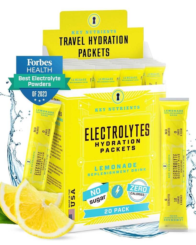 KLUCZOWE ENERGY W proszkach Electrolytes - Odświeżające Lemoniady 20 Pakiety nawadniające - Proszek nawadniający podróży - Nie cukier, nie kalorie, Gluten Free - Made in USA