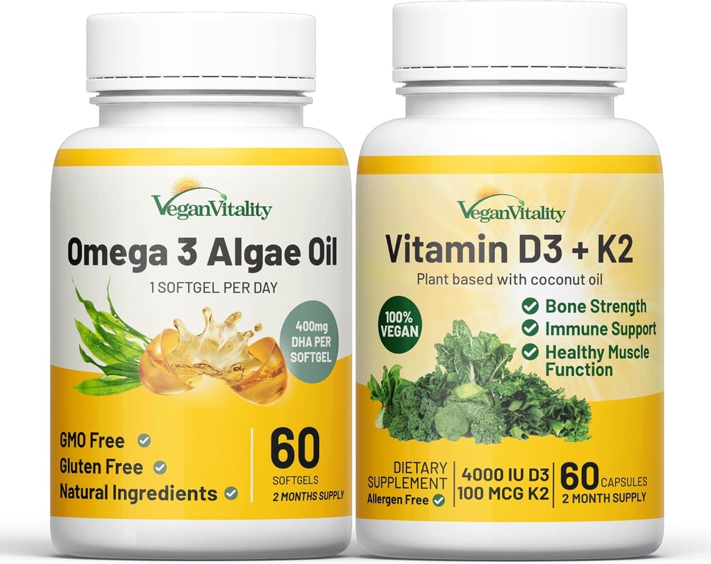 Vegan Vitality Health Booster Bundle - Vegan D3 + K2 i Vegan Omega 3 Algae Oil. Wysoka moc roślin oparte formuła dla odporności, Energia Ogólne Zdrowie dla Weganów i Wegetarian