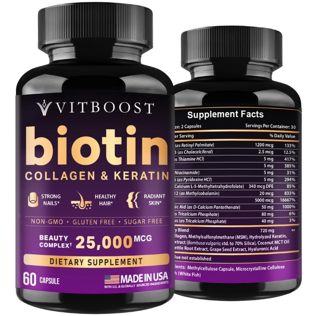 VITBOOST Biotin z kwasem hialuronowym, kolagenem i keratyną - 25000 µg Witaminy wzrostu włosów dla mężczyzn i kobiet - paznokci i skóry, USA Made - Trzeci Tested Party, B1, B2, B3, B6, B7 Complex - 60 Kapsułki