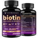 VITBOOST Biotin z kwasem hialuronowym, kolagenem i keratyną - 25000 µg Witaminy wzrostu włosów dla mężczyzn i kobiet - paznokci i skóry, USA Made - Trzeci Tested Party, B1, B2, B3, B6, B7 Complex - 60 Kapsułki