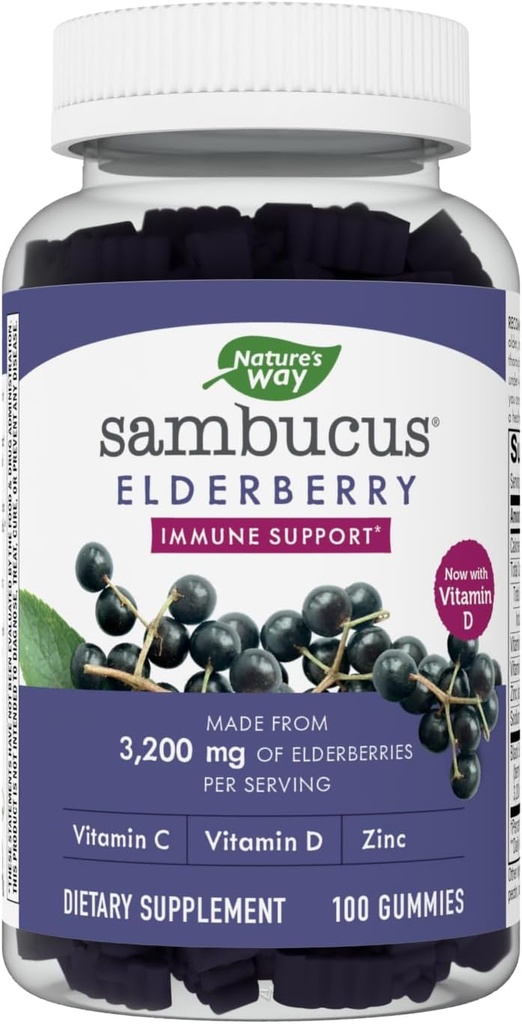 Nature 's Way Sambucus Elderberry Gummies - Suplement immunologiczny dla dzieci i dorosłych * - Witaminy C, D3, Cynk i przeciwutleniacz Wsparcie * - Gluten Free & Vegetarian - 100 Gummies