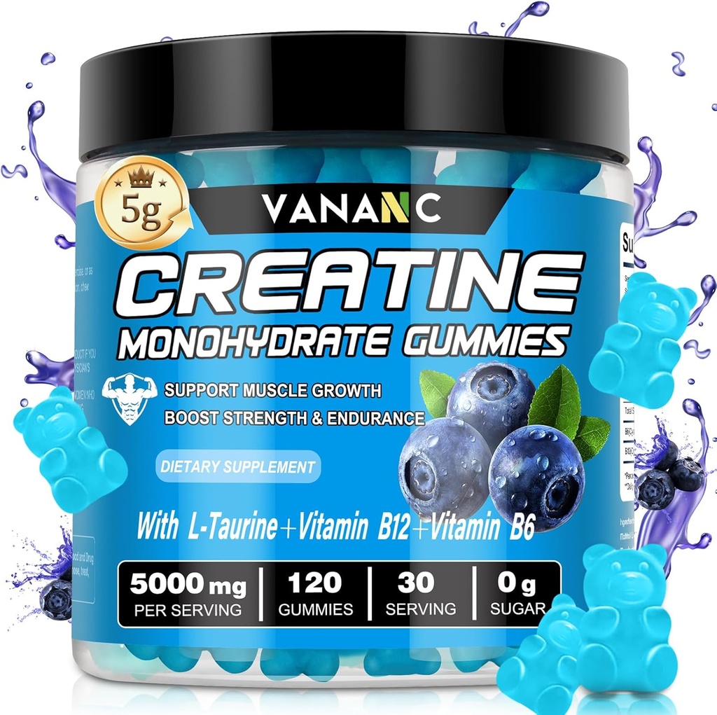 Jednowodzian Gummie kreatynowe 5000 mg dla mężczyzn i kobiet, Cukier wolny, Niski w kalorii, z L- Tauryna + Witaminy do zwiększenia siły mięśniowej