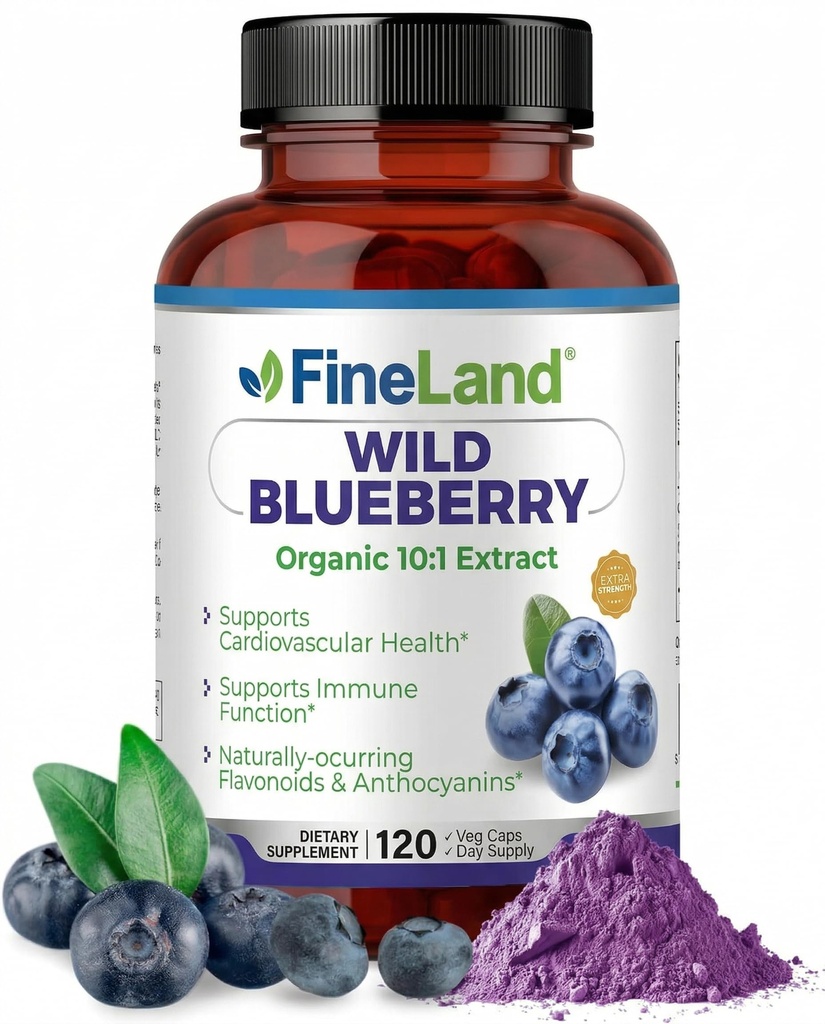 FineLand Wild Blueberry 10: 1 Extract, 6000 mg Siła, 120 Kapsułki wegańskie, Bogate w flawonoidy i antocyjaniny, Przeciwutleniacze Wsparcie dla Mózgu i Heart Health, 4-Miesiąc dostaw, Non-GMO Made in USA