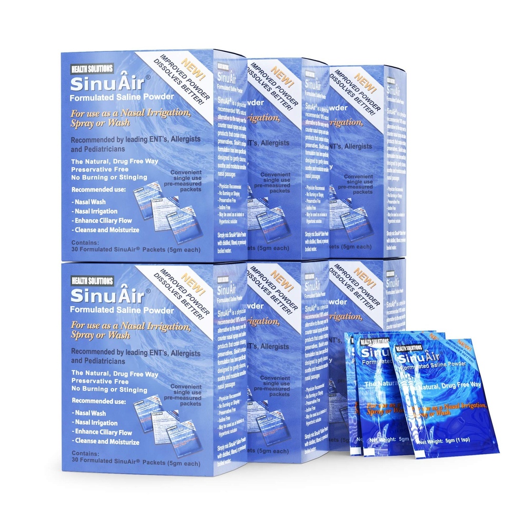 Roztwór soli SinuAir Sinus Rinse - Sól w proszku do systemu SinuPulse, Neti Pot Flush, Nasal Wash Squeeze Butelka, & Nawadnianie nosa, Wzmocnione formowanie i czyszczenie dla zatok, 180 Pakiety