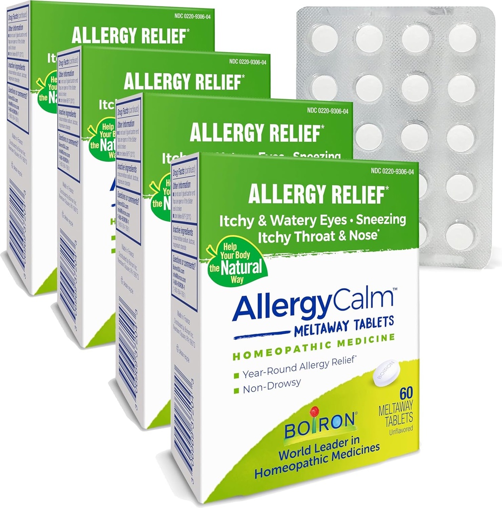Boiron AllergyCalm Tablets 240 Count, Relief from Allergies and Hay Fever Symptom of Sneezing, Runny Nos, Swędzacze Oczy, Gardło, Alergia Calm Tabs (Formerly RhinAllergy) (Opakowanie 4 60ct Pudełka)
