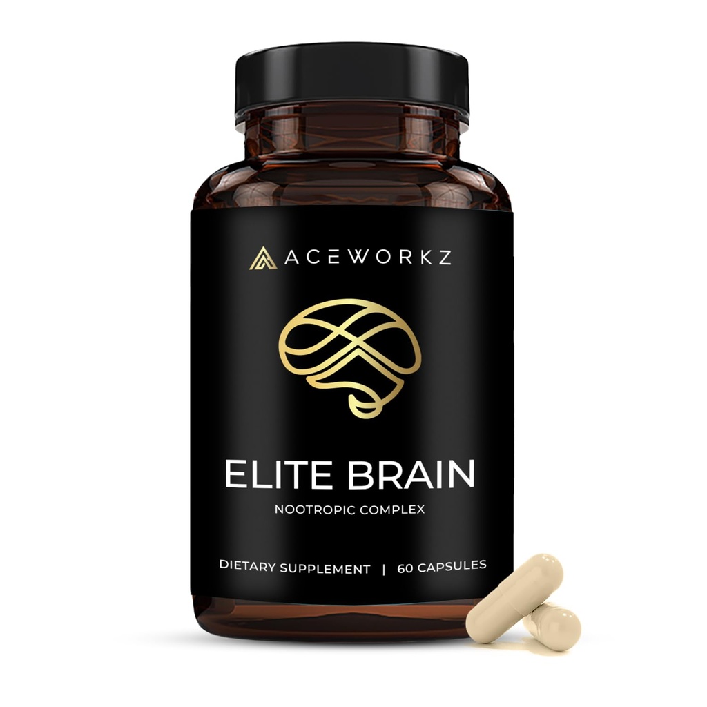 Elite Brain - Suplement Nootropowy do Skupiania, Pamięci i Jasności Mentalnej - ALCAR, Lions Mane, ALA, L- Theanine, Kompleks Witaminy B - Energia Naturalna, Kawiarenka wolna (60 Kapsułek)
