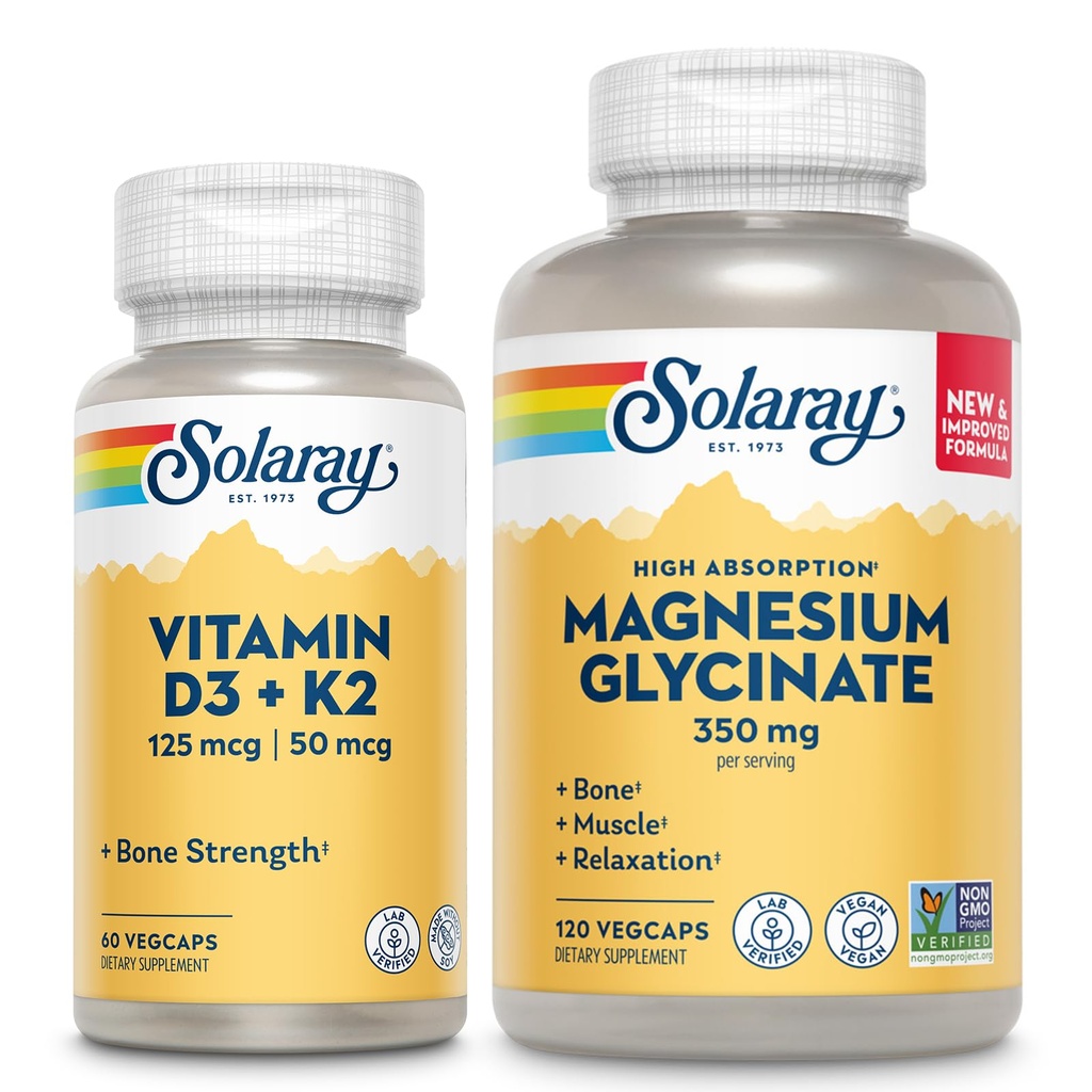 SOLARAY Witamina D3 K2 i Glicynian magnezu - Bone Health Bundle - Wchłanianie wapnia, Nerwy, Serce i Wspomaganie immunologiczne w / 5000 IU Witamina D, 350mg Magnezu chelatowanego, 60- dniowa gwarancja, 60ct / 120ct