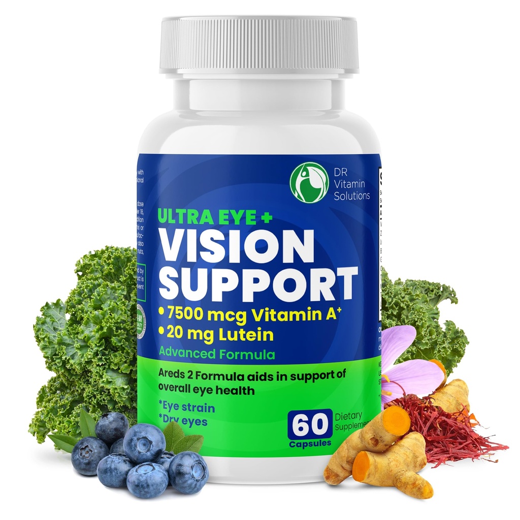 DR VITAMIN SOLUTIONS Vision Support Eye Vitamin for Macular Health Assistance 124; Suplementy z luteiną, cynkiem, witaminą A & Bilberry Assistance 124; Uzyskuje 2 Formułę na czerwone i suche oczy, Pielęgnacja wzrokowa (1 butelka, 60 kapsułek)