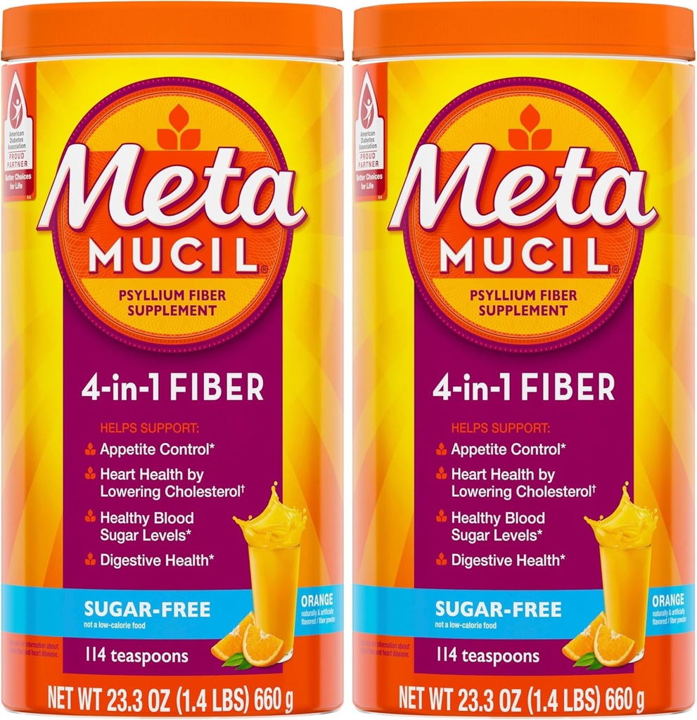 Metamucyl, Codzienne Pzyllium Husk Powder Supplement, Proszek bezcukrowy, 4-in-1 Włókno dla zdrowia trawiennego, Napoje pomarańczowe, 114 łyżeczki, 1.4 Funt (Opakowanie po 2)
