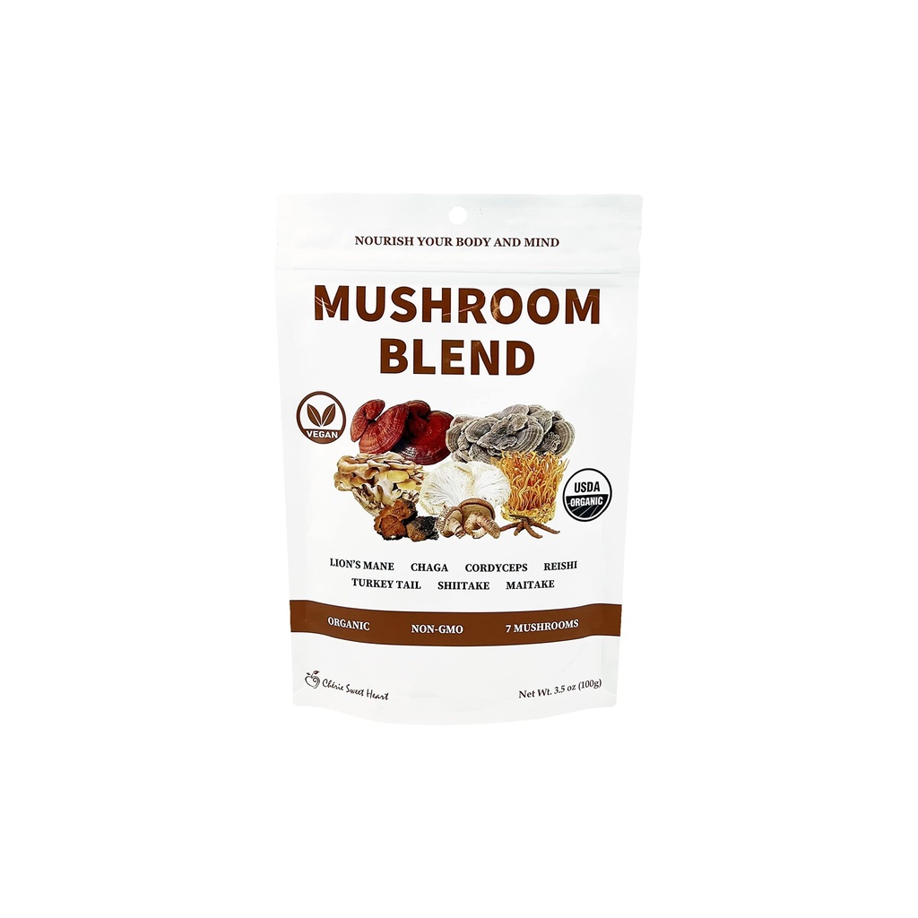 Cherie Sweet Heart 7 Mushroom Extract Powder - USDA Organic Superfood Mieszanka z grzybą Lwa, Reishi, Cordyceps, Maitake, Shiitake, Turcja Tail & Chaga - Wegan, Non-GMO, Gluten- Free - 3.5 oz