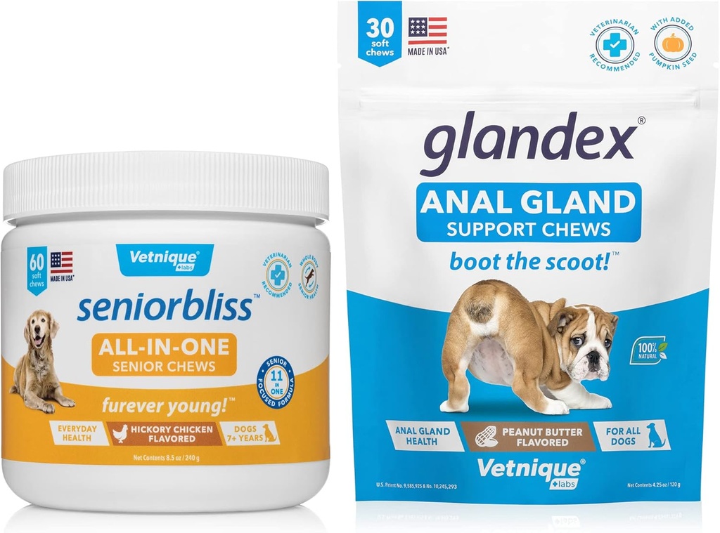 VETNIQUE Seniorbliss All-in-One Multivitamin Chews for Senior Dogs (60ct) & Glandex Anal Gland Support Peanut Butter Soft Chews for Dogs (30ct) Bundle