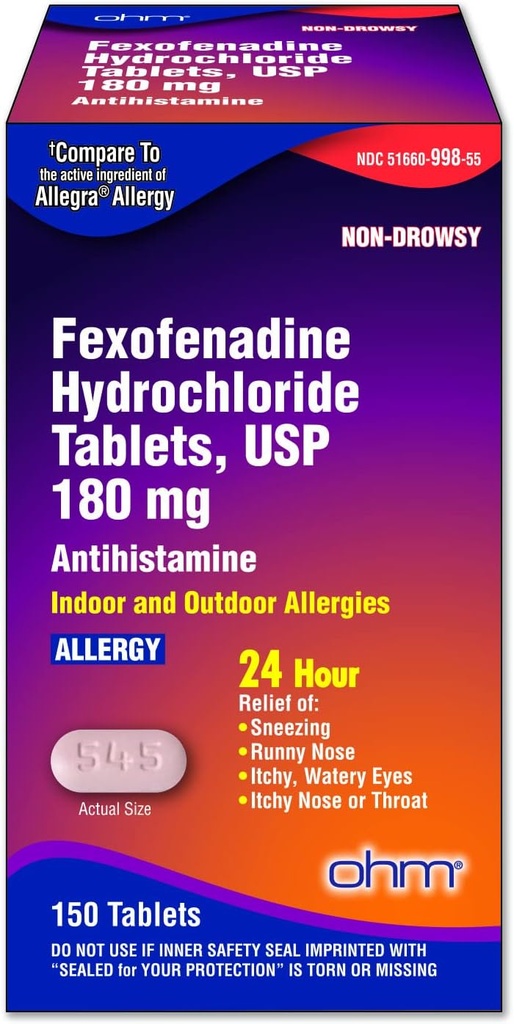 Ohm Allergy Medicine Fexofenadyna 180mg - 24-godzinna ulga dla kichania i objawy alergii, Non- Drowsy - 24- godzinne tabletki przeciwhistaminowe dla skutecznej ulgi - 150 Count (Single Pack)