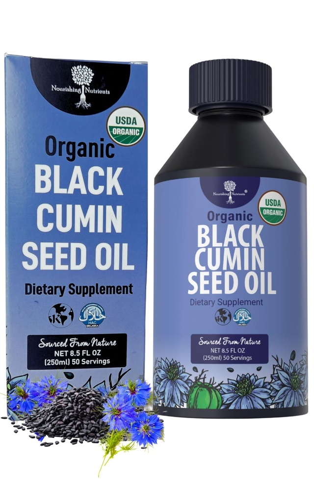 Organiczny czarny komin nasiona oliwy - USDA- zimny tłoczony - do 6X Stronger Thymoquinone - Czysty Nigella Sativa Cumin nasiona - Suplement Premium do wsparcia immunologicznego, Przeciwutleniacz, Uspokojenie, Skóra i włosy (8.5 oz)