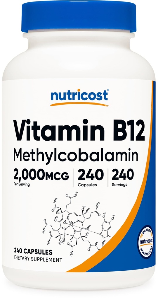 Nutricost Witamina B12 (Metylokobalamina) 2000mcg, 240 Kapsułki - Wegetariańskie Czapki, Non-GMO, Gluten Free B12 Suplement