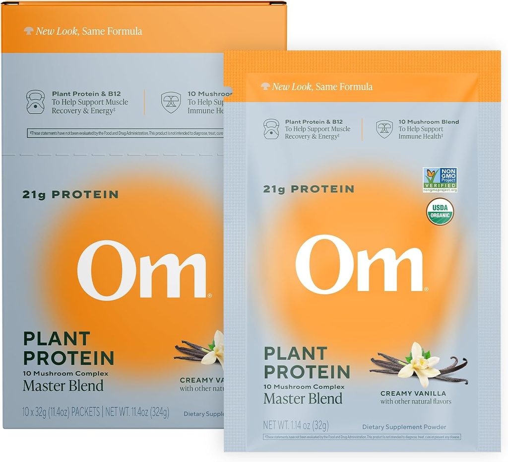 Om Master Blend Vegan Protein Powder, Vanilla, 21g białka roślinnego - Organic Mushroom Supplement z 10 Mushroom Complex, Ashwagandha, BCAA i witaminy B12 - Pojedyncza Serve (10 Count)