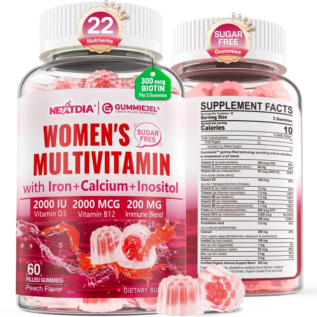 Metylowana multiwitamina dla Kobiet Gummie, Wapń, D3 K2, Metylfolan & B12, Inozytol, Daily Witamina A, C, E, Kompleks B, Biotin, Żelazko - Energia, Immune, Kości, Skóra, Włosy - Wegan, Bez cukru, 60 Liczba