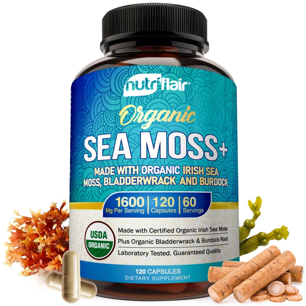 Nutric Flair Organic Sea Moss 1600mg, 120 Kapsułki Plus Bladderwrack & Burdock - Prebiotyczne Super Food - System immunologiczny & Zdrowie pokarmowe - Tyroid, Zdrowa Skóra, Keto Detox, Gut