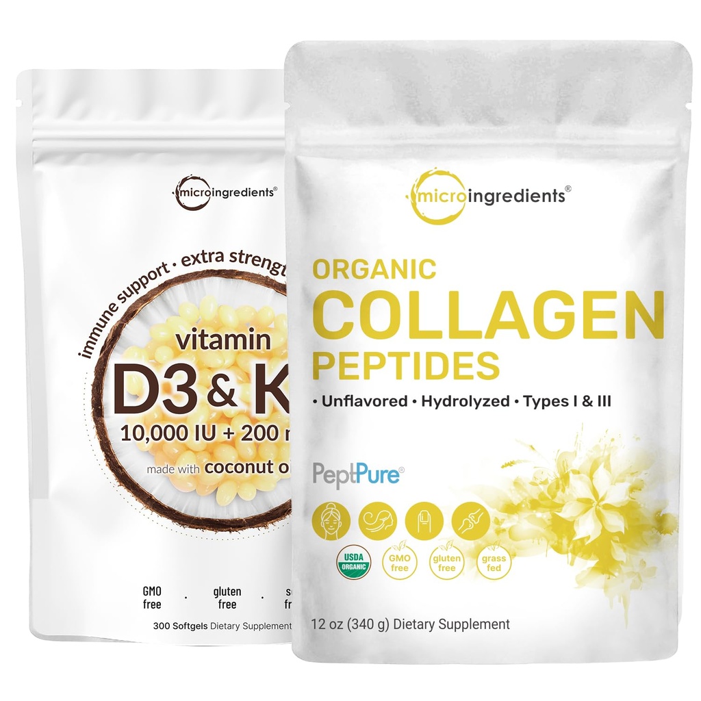 Micro Składniki Witamina D3 10000 iu + K2 200 mcg Olej kokosowy Softgels & Organic Collagen Peptydes Powder Bundle 2 Pack Agregable 124; Esencjonalny Sunshine Vitamin 124; Zhydrolizowany typ I & III Kolagen bydlęcy