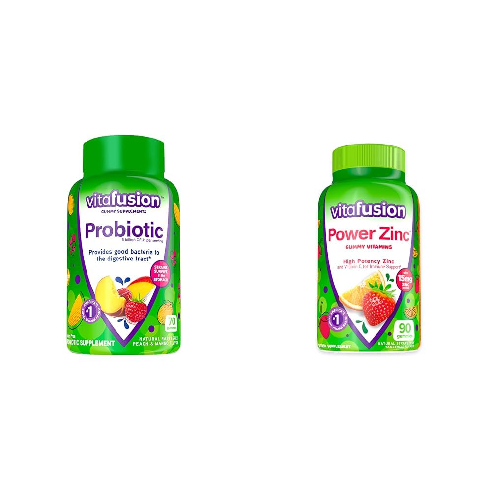 Witafuzja Probiotyczne Gumy Suplementy, Malina, Brzoskwinia i Mango Flavors, 35 Day Supply, 70 Count Power Cynk Gumy Witaminy, Truskawka Tangerine Flavored, 90 Count