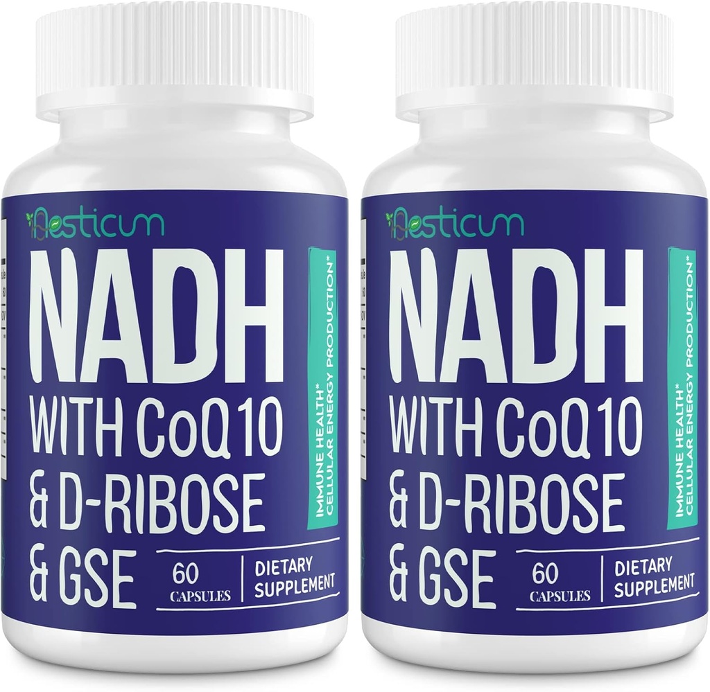 NADH 50mg + CoQ10 200mg + D- Ribose 150mg Suplement, Wzmacnianie NAD + Suplementy dla układu immunologicznego, Energia komórkowa, Focus, Zmniejszone Nikotynamid Dinukleotyd adenyotyd, 120 Kapsułki wegetariańskie