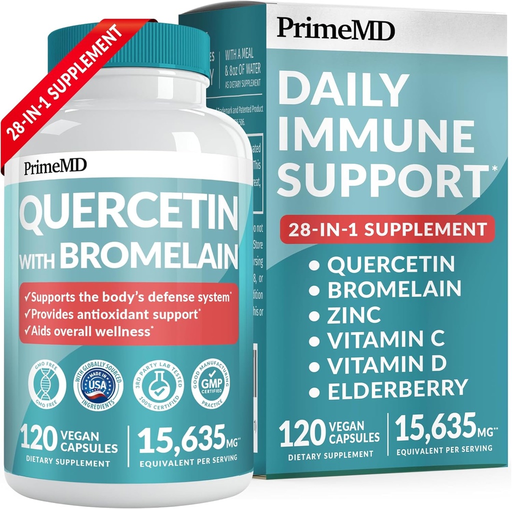 28- in-1 Quercetin z suplementem bromelainowym do codziennego wsparcia immunologicznego - Quercetin z witaminą C i cynkiem dla dorosłych wzbogacony witaminą D i elderberry (120ct)