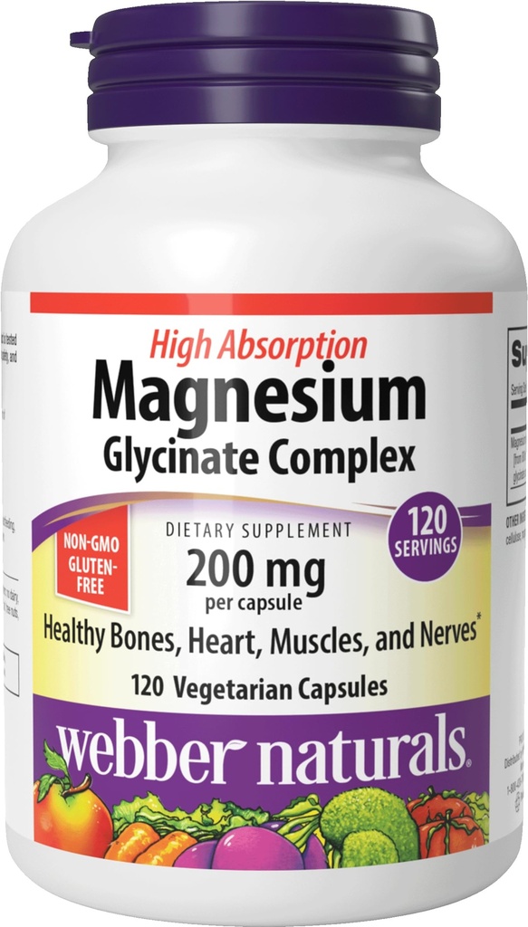 Webber Naturals Magnezu Glycinate Complex 200 mg, 120 Kapsułki wegetariańskie, Wysoka receptura absorpcyjna, Wspiera kości, Serce, Mięśnie i Nerwy, One- Per- Day, Wegan, Nowa etykieta!