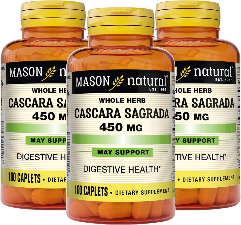 Mason Natural Cascara Sagrada 450 mg, Herbal Supplement for Normal Digestive Function Support, 100 Caplets (Opakowanie po 3)