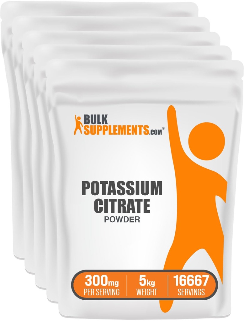 BulkSupplements.com Proszek z cytrynianu potasu - do wsparcia nawadniania, Suplement mineralny, Potasu 99mg - Bez glutenu, 300mg na jedną porcję, 1kg (2,2 kg) (opakowanie po 5)