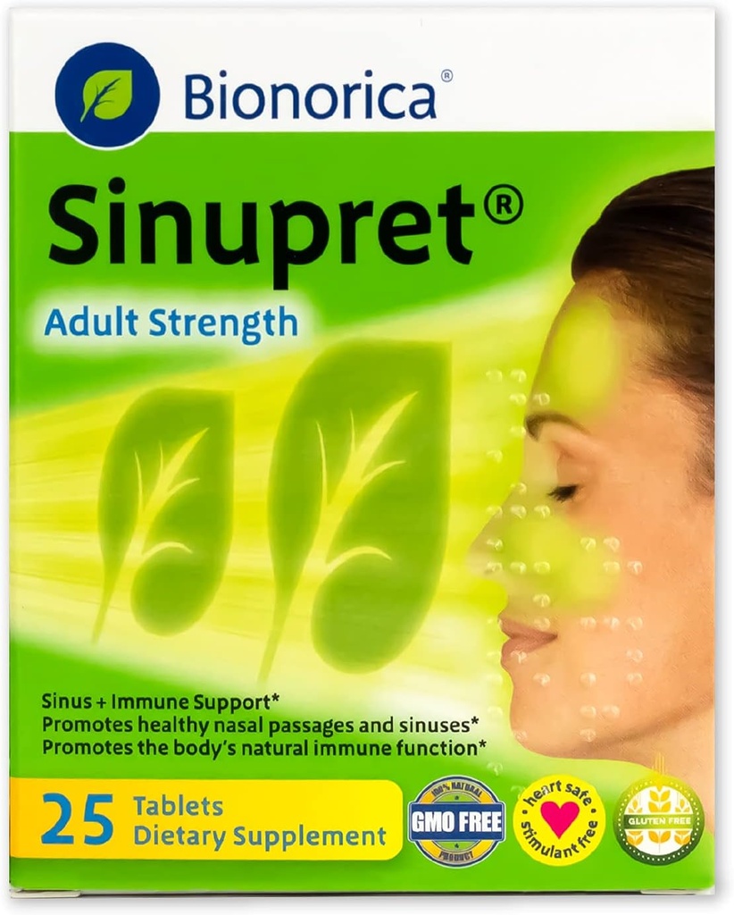 Sinupret Siła dorosłych Sinus + Immune Support Wszystkie naturalne, szybko działające Ziołowe Passage Nasal & Immunitet Boost Suplement z Verbena & Elder Flower - 25 Tabletki