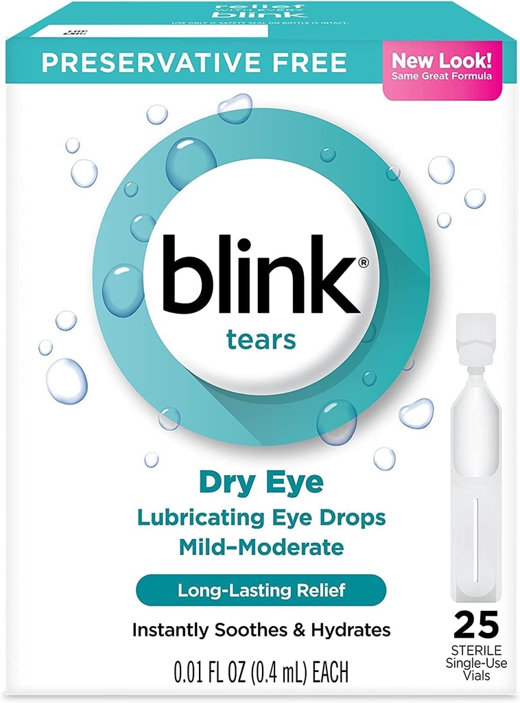 Blink Łzy smarujące krople do oczu Lekkie suche oko, 25 Licznik - 0,01 oz (4 opakowania)