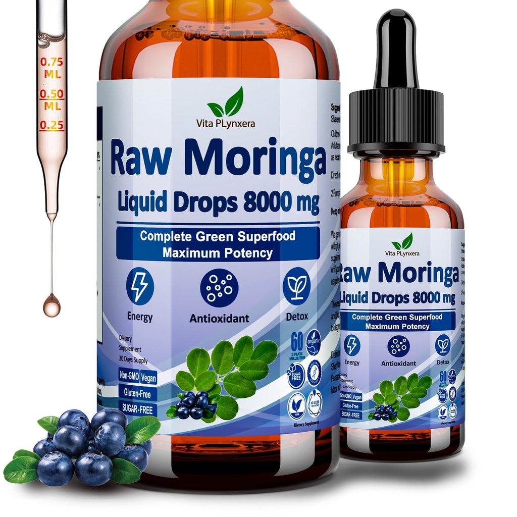 Raw Moringa płynne krople 8000 mg, Organic Moringa Oleifera Leaf Extract w. Supergreens Mieszanka Wheatgrass, Barley Trawa dla przeciwutleniacza, Energia i immunologiczne, Wysoka moc niż kapsułki proszek